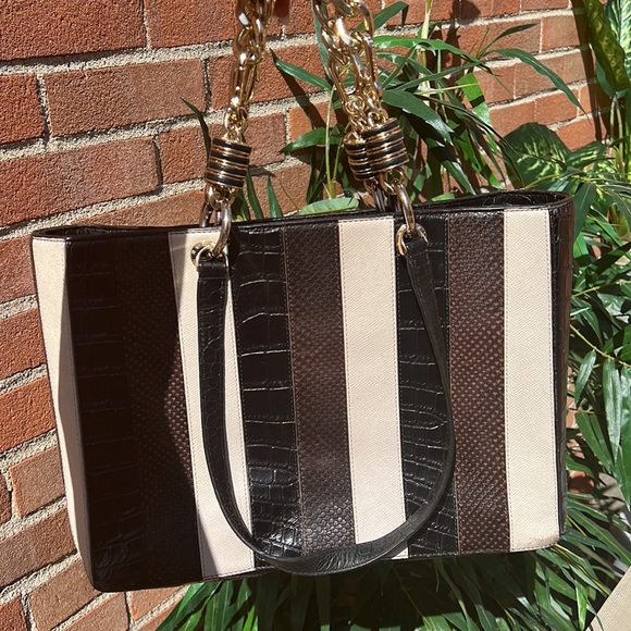Henri Bendel multi textured striped satchel with chain link accents - Picture 1 of 16